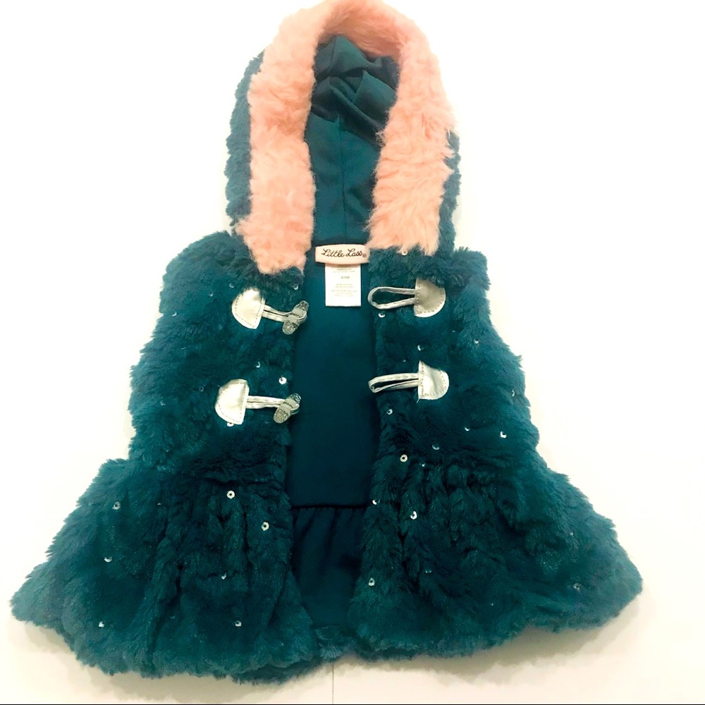 LITTLE LASS Faux Fur Green Vest| Size 6/9 Month
